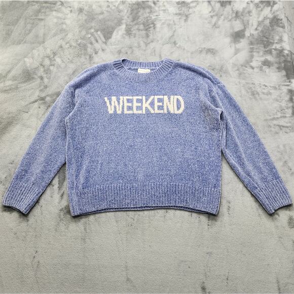 Cynthia Rowley Sweater Womens XL Blue White Fuzzy Chenille Knit Weekend Casual - Picture 1 of 9